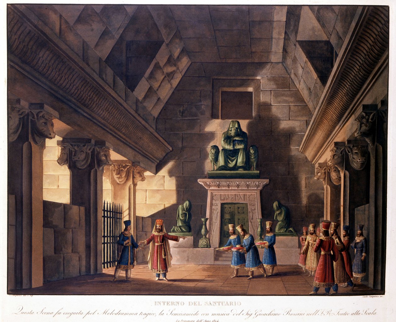 Scenografia Sanquirico do opery „Semiramis” „(Semiramide) Gioacchino Rossiniego reprezentuje w Teatro alla Scala autorstwa Alessandro Sanquirico