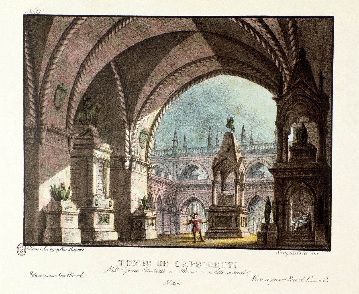 Grób rodziny Capuletów (Capuleti) Scenografia do przedstawienia w Teatro Carcano w 1829 roku opery „Giulietta e Romeo” (Julieta i Romeo) (1796) Niccolo Antonio Zingarelli według sztuki Williama Szekspira „Romeo i Julia”. litografia autorstwa Alessandro Sanquirico