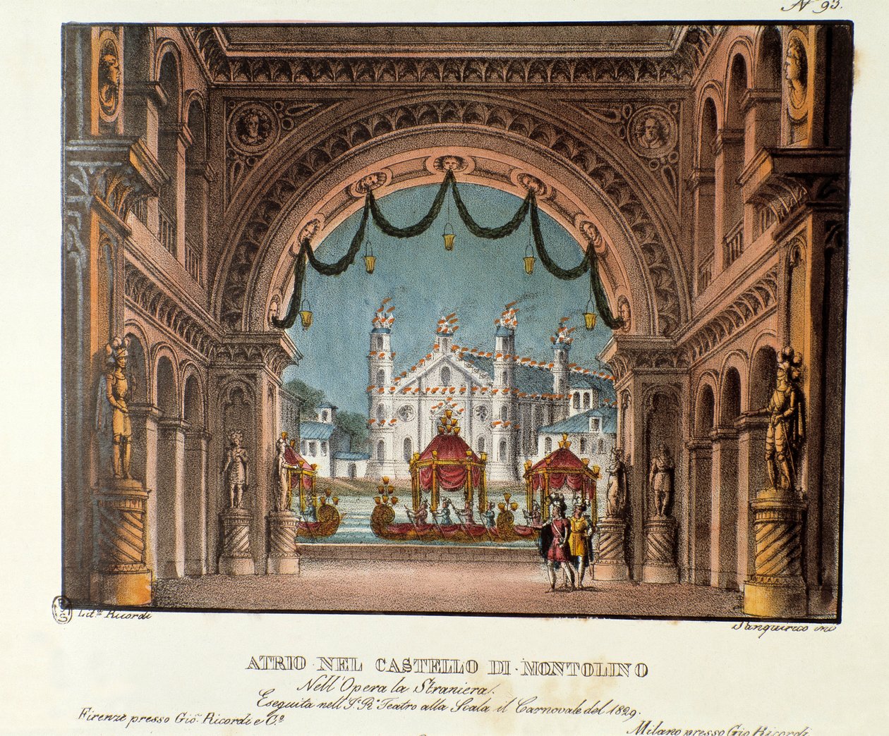 Przedsionek zamku Montolino w Bretanii Scenografia do wykonania w Teatro alla scala w 1829 roku opery „La straniera” (1828) Vincenzo Belliniego. Litografia w „Zbiorze wynalazków scenicznych z 1830 roku autorstwa Alessandro Sanquiri autorstwa Alessandro Sanquirico