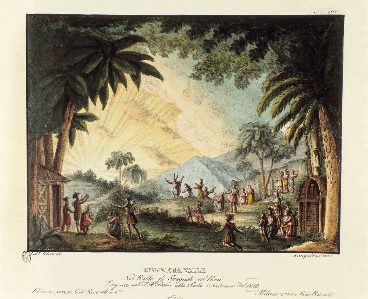 Widok na rozkoszną dolinę w czasie podboju Nowego Świata przez hiszpańską scenografię do baletu „Hiszpanie w Peru” włoskiego choreografa Giovanniego Galzeraniego (1780-1865) (1828). Litografia w „Zbiorze wynalazków scenicznych d autorstwa Alessandro Sanquirico