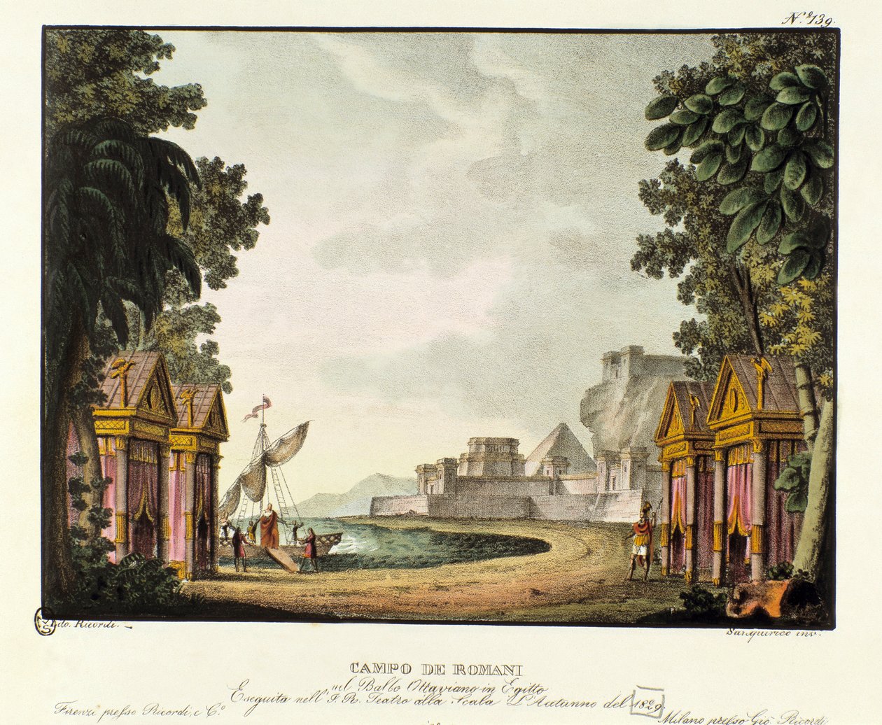 Widok obozu rzymskiego Scenografia do baletu „Oktawian w Egipcie” włoskiego choreografa Giovanniego Galzeraniego (1780-1865) (1828). Litografia w „”Zbiorze wynalazków scenicznych z 1830 roku autorstwa Alessandro Sanquirico (1777-1849)””. Mediolan prywatny  autorstwa Alessandro Sanquirico