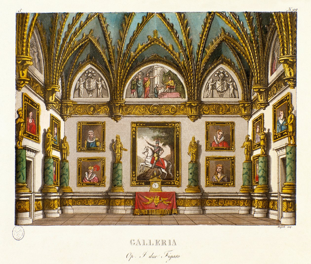 Widok galerii decoree obrazów Scenografia do opery „I due figaro”” włoskiego kompozytora Giuseppe Saverio Raffaele Mercadante (1795-1870), po utworze „Dwa figaro, czyli temat komedii”” (1794 ) przez Honore Francois Richaud autorstwa Alessandro Sanquirico