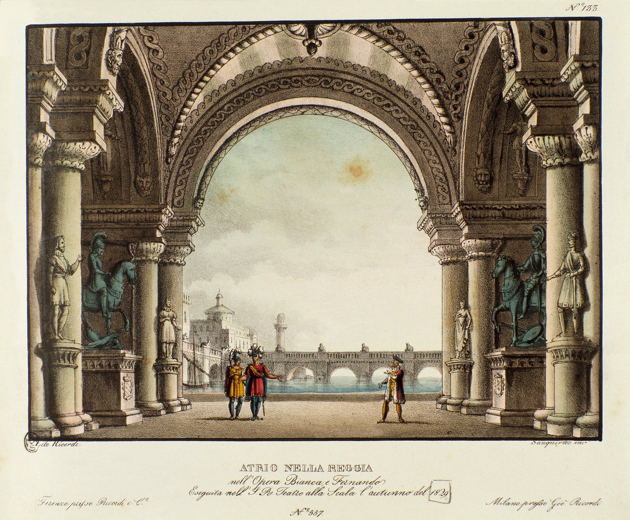 Widok sali pałacu królewskiego Scenografia do przedstawienia w 1829 roku opery „Bianca e Fernando” Vincenzo Belliniego (1826). Litografia w „”Zbiorze wynalazków scenicznych z 1830 roku autorstwa Alessandro Sanquirico (1777-1849)””. Prywatne Milanese autorstwa Alessandro Sanquirico