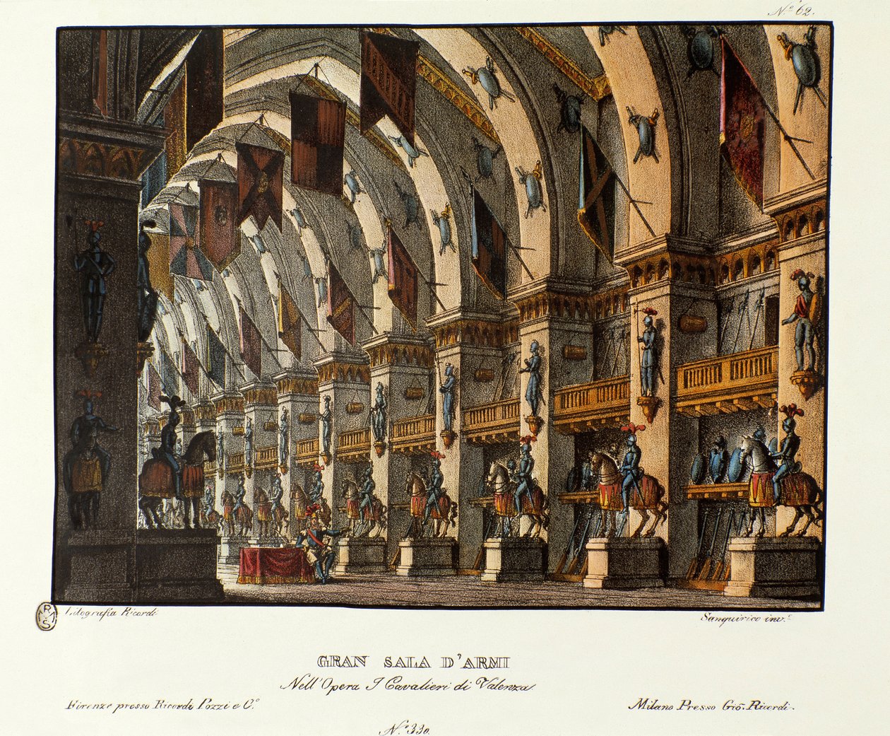Widok na dużą salę broni Scenografia do przedstawienia opery „I cavalieri di Valenza” Giovanniego Paciniego i Gaetano Rossiego (1828). Litografia w „”Zbiorze wynalazków scenicznych z 1830 roku autorstwa Alessandro Sanquirico (1777-1849)””. mediolański p autorstwa Alessandro Sanquirico