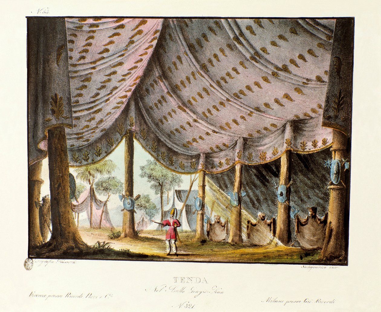Widok królewskiego namiotu Czyngis-chana Scenografia do baletu „Genis-Kan” włoskiego choreografa Giovanniego Galzeraniego (1780-1865) (1828). Litografia w „Zbiorze wynalazków scenicznych z 1830 roku autorstwa Alessandro Sanquirico (1777-1849)””. Mediolańsk autorstwa Alessandro Sanquirico