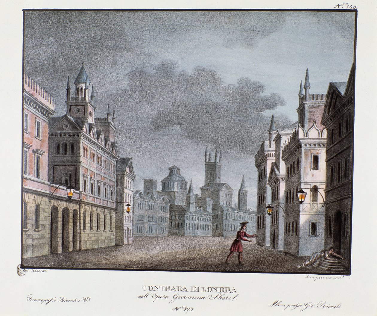 Widok na przedmieścia Londynu Scenografia do przedstawienia opery „Giovanna Shore” (Jeanne Shore) Carlo Pontiego (1829). Litografia w „”Zbiorze wynalazków scenicznych z 1830 roku autorstwa Alessandro Sanquirico (1777-1849)””. Prywatna kolekcja mediolańska autorstwa Alessandro Sanquirico