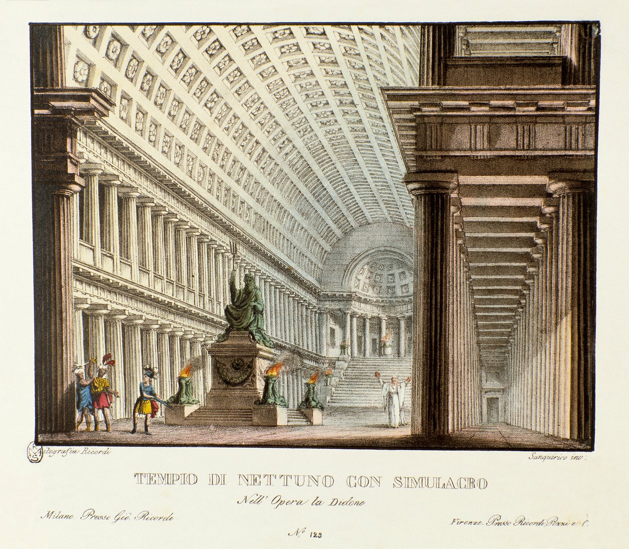 Widok na świątynię Neptuna Scenografii dla przedstawienia lirycznej tragedii „Didone” (Didon) (1783) autorstwa kompozytora Niccolo Vito Piccinniego (lub Piccinniego) po operze Metastasio (Metastase). Litografia w „Zbiorze wynalazków scenicznych d autorstwa Alessandro Sanquirico