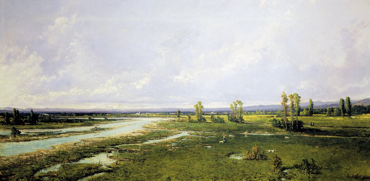 Polowanie na korycie rzeki Piave w Belluno, obraz Alessandro Seffera (1832-1905), olej na płótnie autorstwa Alessandro Seffer Guerra