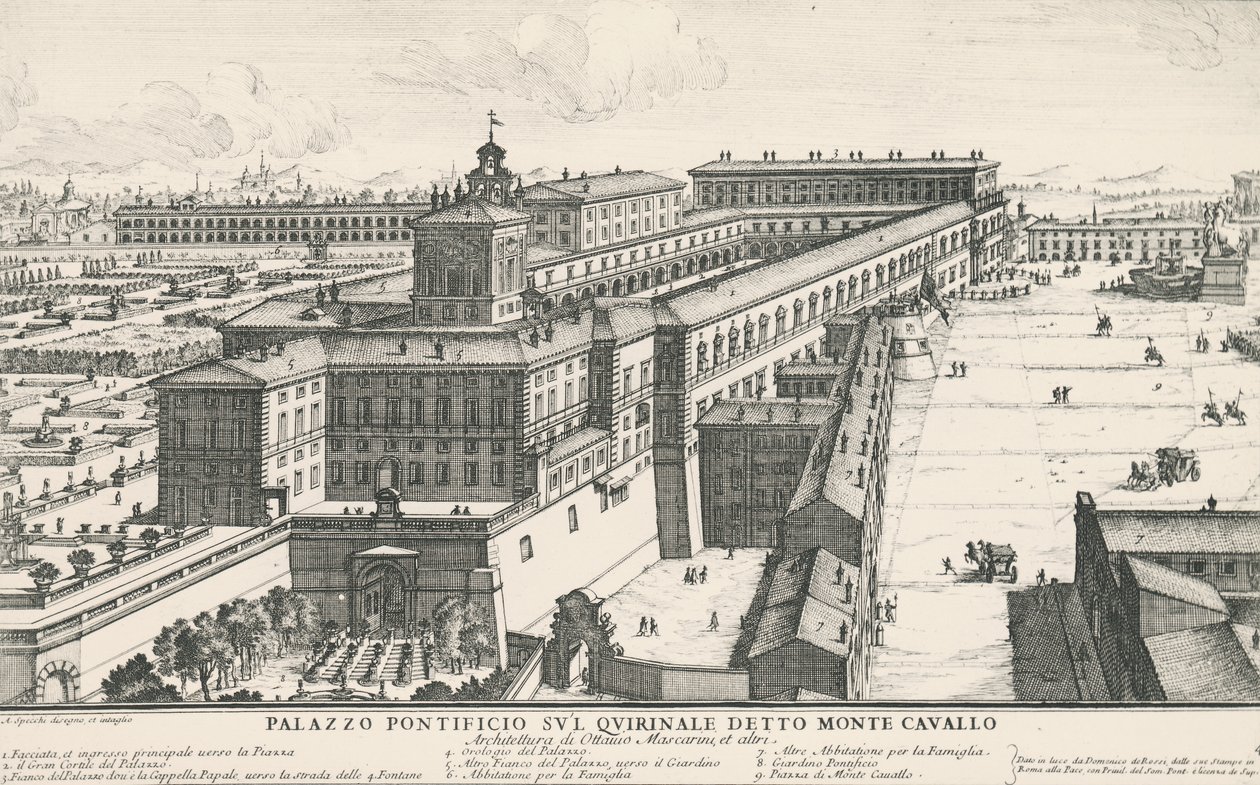 Pałac Papieża na Kwirynale, znany również jako Monte Cavallo, rysunek i rycina Alessandro Specchi (1668-1729), Włochy autorstwa Alessandro Specchi