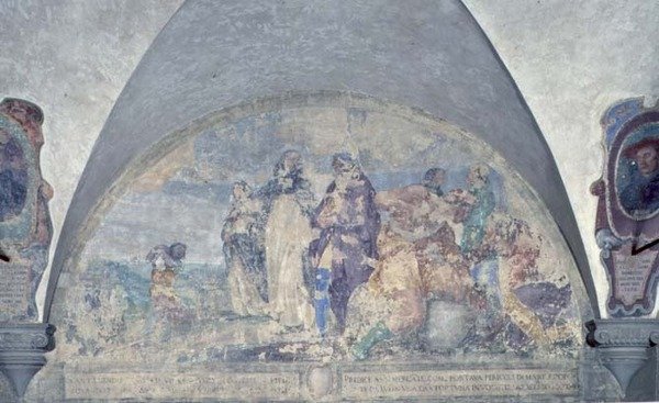 Św. Antonin przemawia do kupca, którego ocalił od straszliwej burzy, luneta (fresk) autorstwa Alessandro Tiarini
