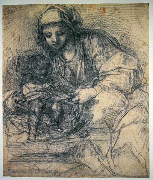 Madonna z Dzieciątkiem z Kartuzem (czarna kreda na rysiku na jasnoniebieskim papierze) autorstwa Alessandro Tiarini