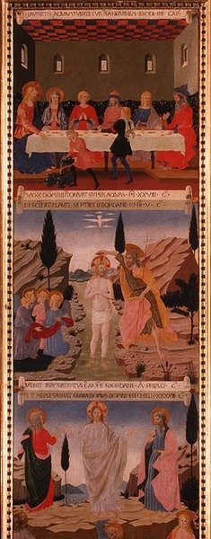 Sceny Ostatniej Wieczerzy, Chrzest Chrystusa i Wniebowstąpienie, drugi panel ze Srebrnego Skarbca Santissima Annunziata, c.1450-53 (tempera na panelu) autorstwa Alessio Baldovinetti