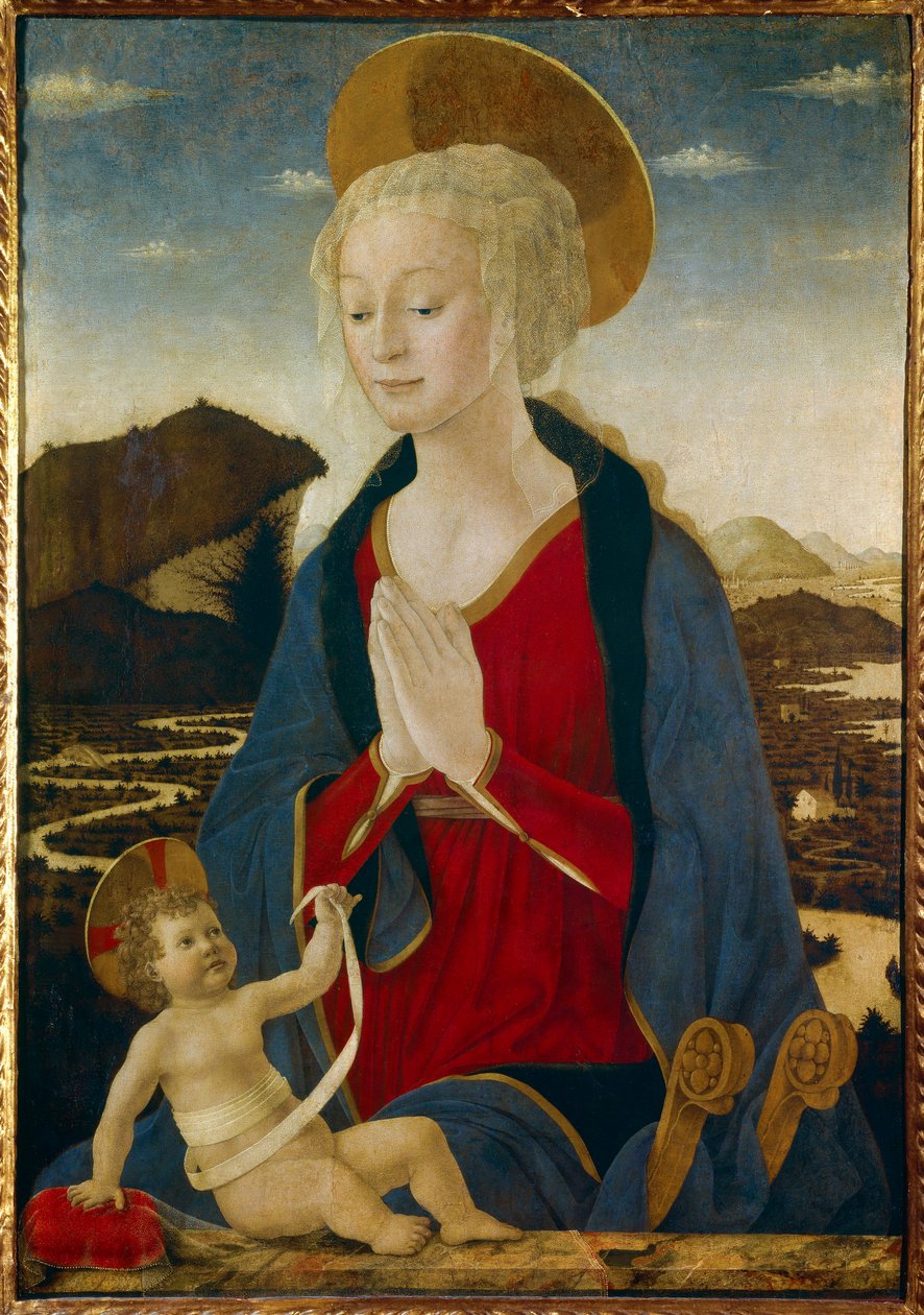 Dziewica ma Dziecko. Obaj noszą złote aureole. Malarstwo na drewnie – Alessio Baldovinetti (1425-1499) XV w. Słońce. 1,06x0,75 m² autorstwa Alessio Baldovinetti