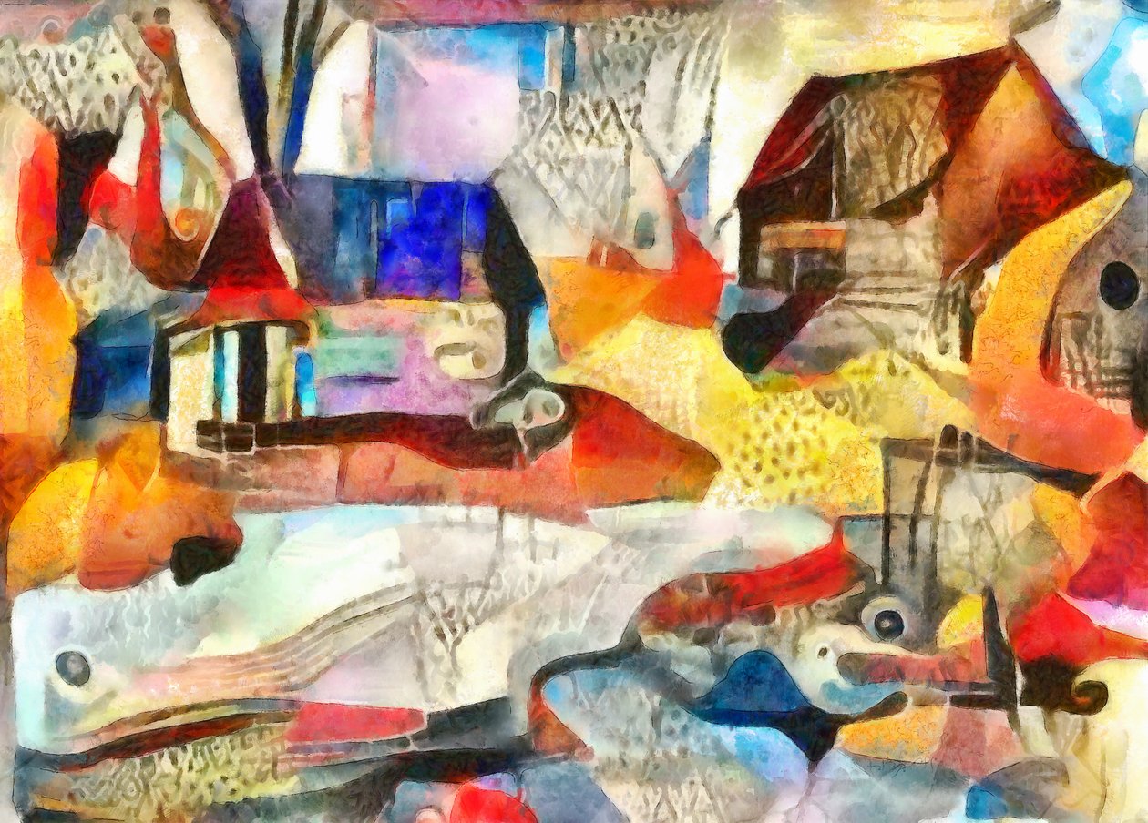 dachy niebieskie i brązowe, 2017, (mieszane) autorstwa Alex Caminker