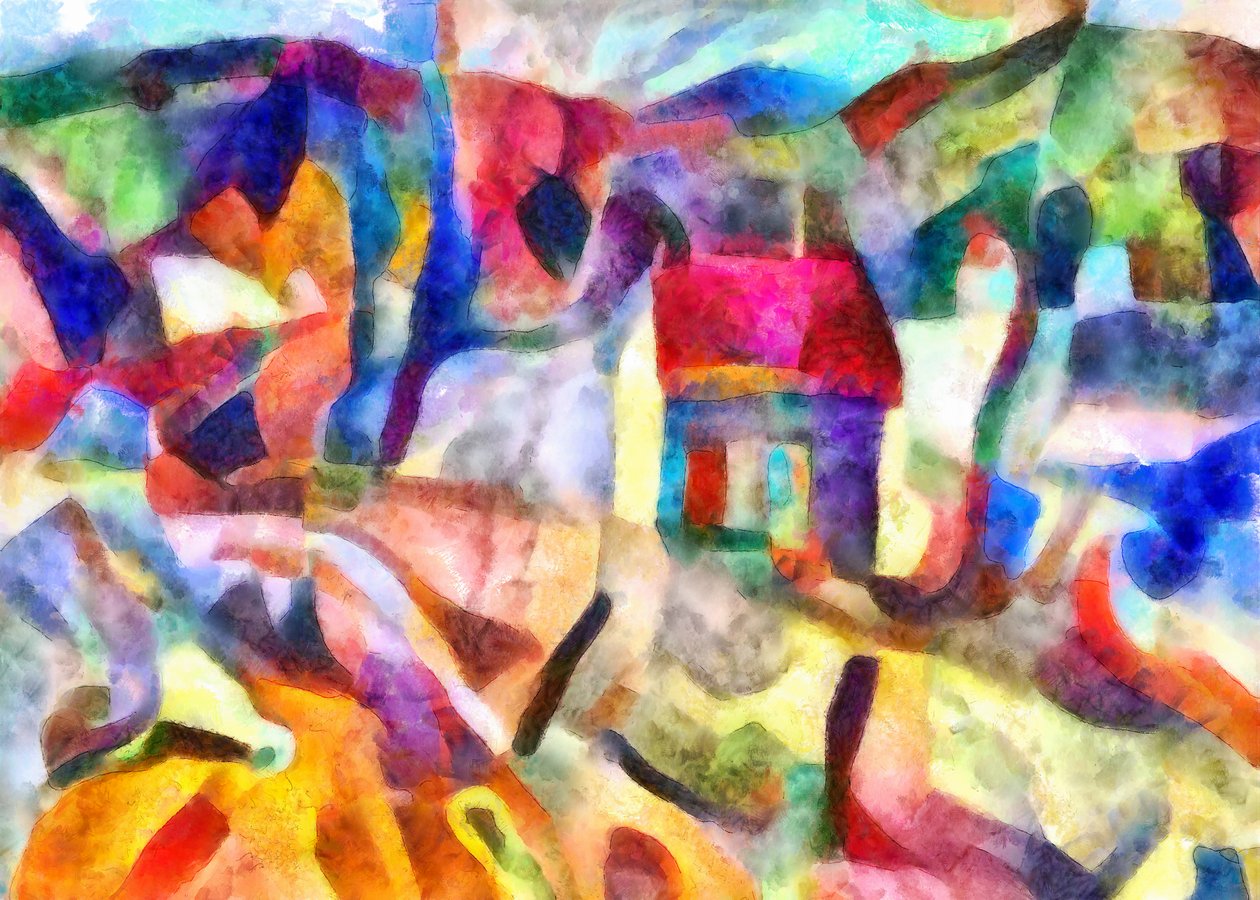 zielone okno, żółta ściana, czerwony dach,(mixed media) autorstwa Alex Caminker