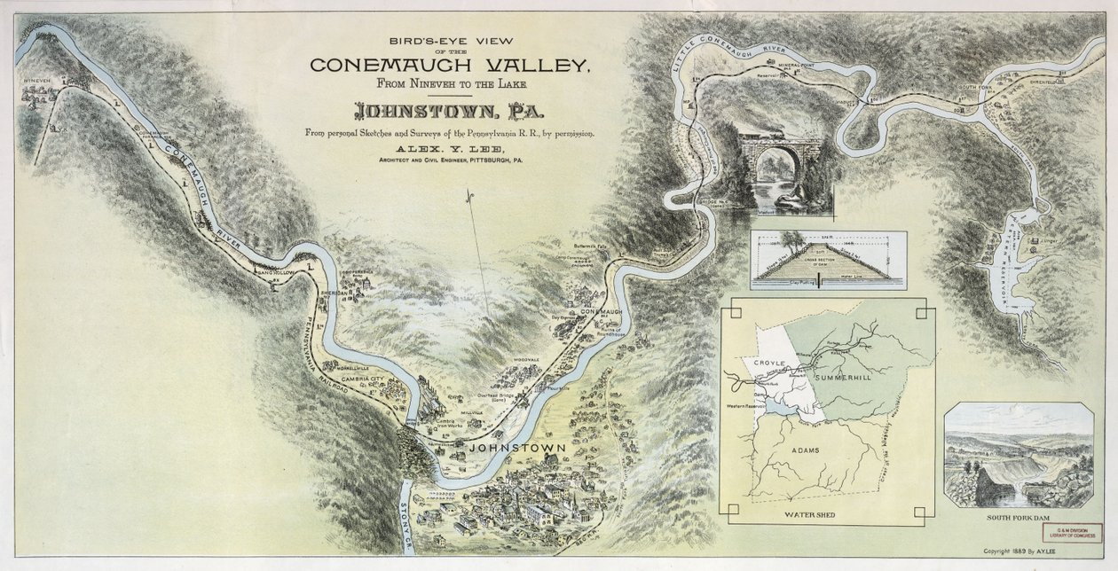 Widok z lotu ptaka na dolinę Conemaugh od Niniwy do jeziora, Johnstown, Pensylwania: z osobistych szkiców i badań Pennsylvania R.R. za pozwoleniem autorstwa Alex. Y.; Pennsylvania Railroad Lee