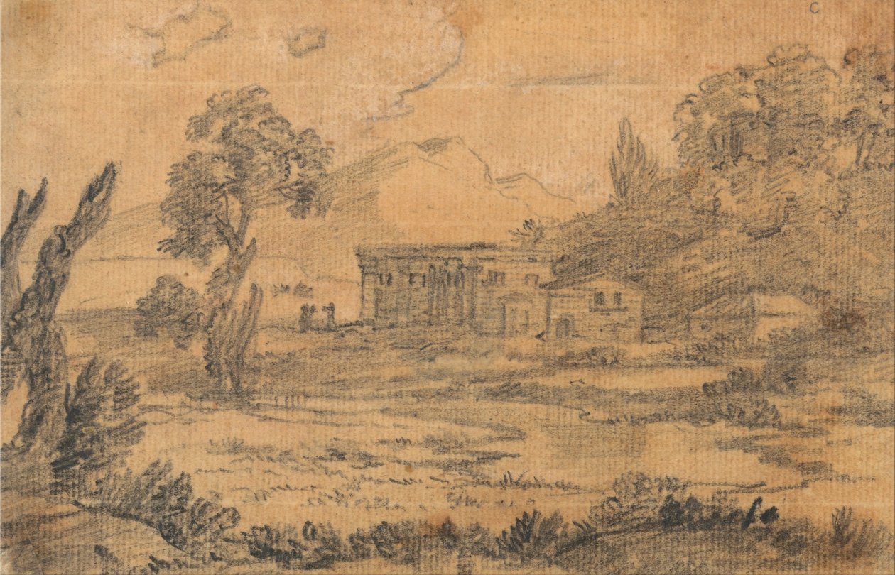 Budynki nad rzeką ze wzgórzami w tle autorstwa Alexander Cozens