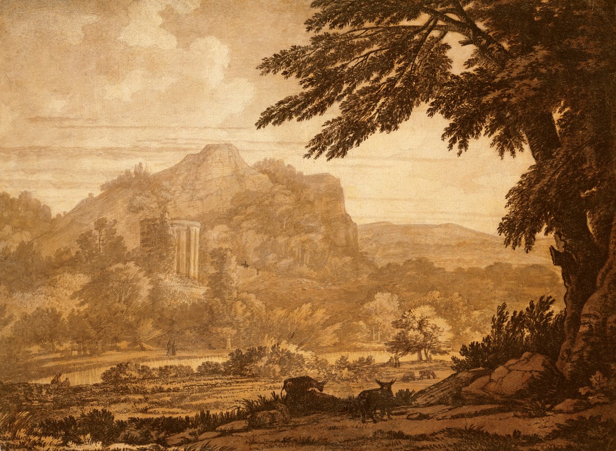 Krajobraz ze świątynią (pióro i tusz i pranie na papierze) autorstwa Alexander Cozens
