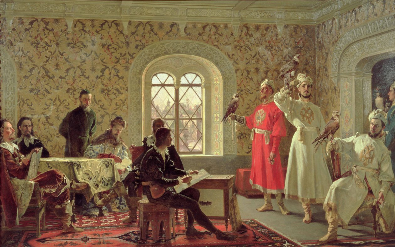 Ambasador Włoch Calvuci rysujący sokoły cara Aleksieja Michajłowicza (1629-76) 1889 autorstwa Alexander Dimitrievitch Litovtchenko