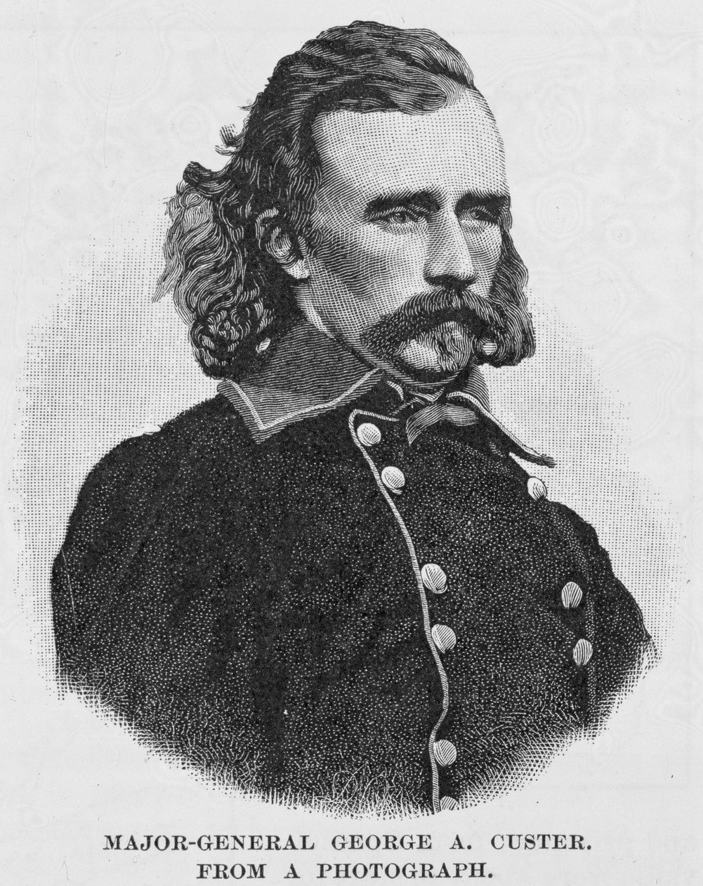 Generał dywizji George Armstrong Custer, wygrawerowany na podstawie fotografii, ilustracja z „Battles and Leaders of the Civil War”, pod redakcją Roberta Underwooda Johnsona i Clarence Clough Buela autorstwa Alexander Gardner