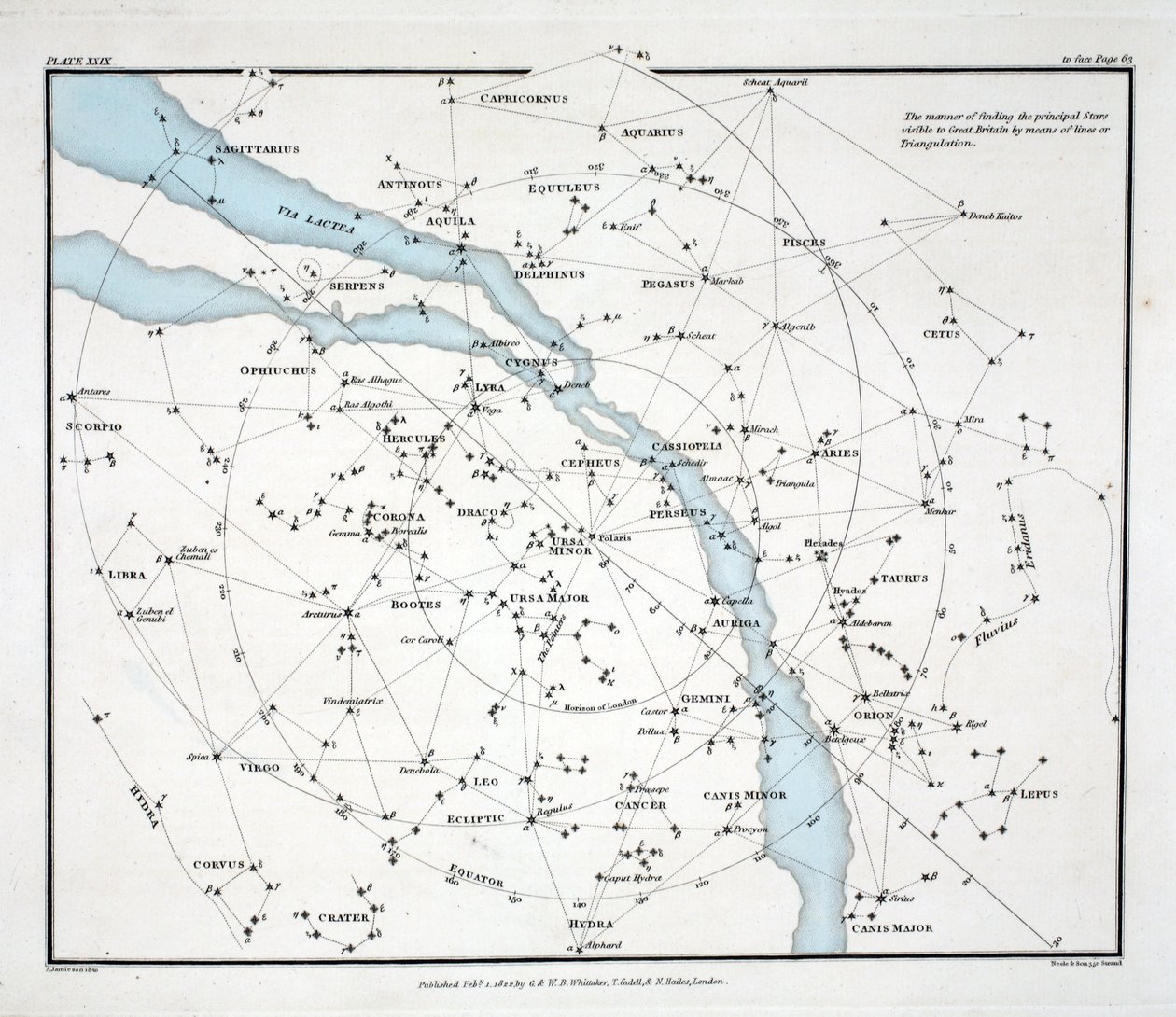 Mapa przedstawiająca główne gwiazdy, które są widoczne w Wielkiej Brytanii (Płyta (XXIX), z „Atlasu Niebiańskiego” Alexandra Jamiesona, pub. Londyn 1822 (rycina ręcznie kolorowana) autorstwa Alexander Jamieson