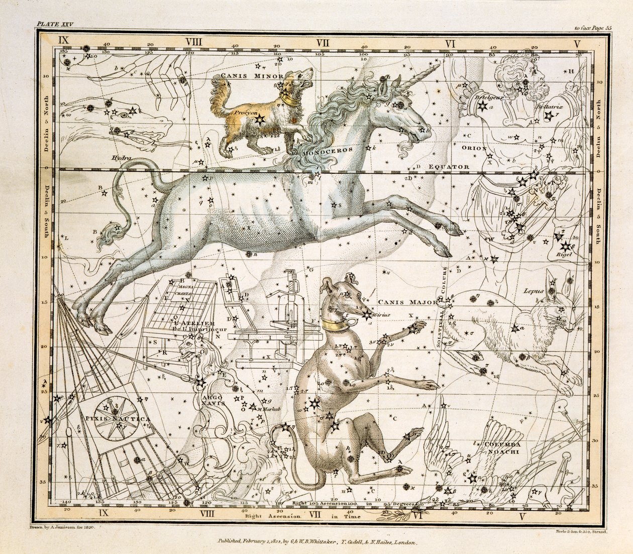 Monoceros, z „Atlasstial Atlas”, wyd. w 1822 autorstwa Alexander Jamieson
