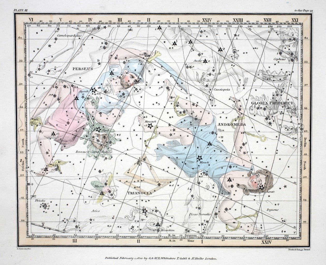 Konstelacje (tabl. III) Andromeda, Triangulum, II Perseus et Caput Medusae, Gloria Frederici, z „Atlasu niebieskiego” Aleksandra Jamiesona, wyd. Londyn 1822 (ręcznie kolorowane grawerowanie) autorstwa Alexander Jamieson
