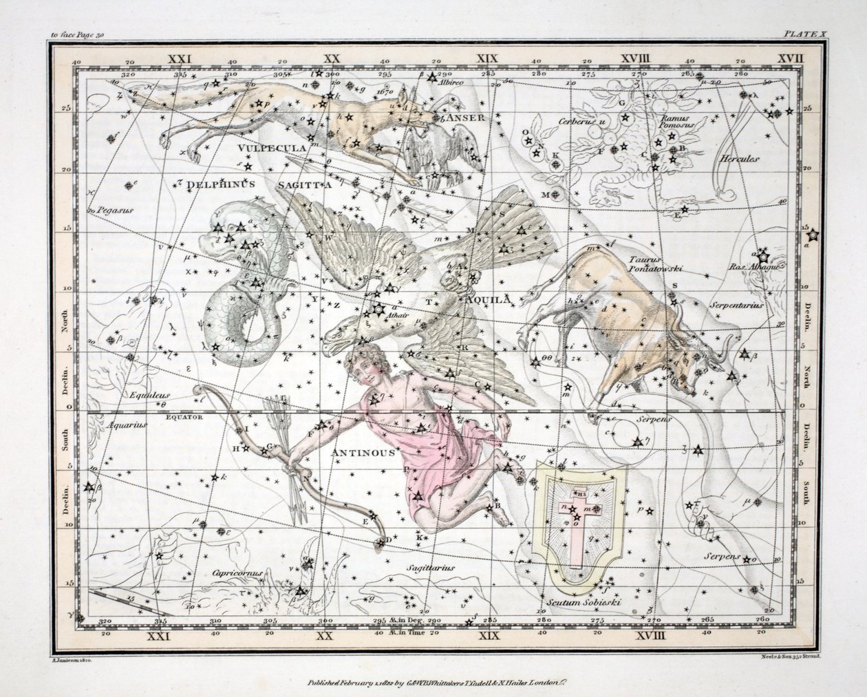 Konstelacje (tabl. X) Aquila et Antinous, Scutum Sobieski, Byk Poniatowski, Sagitta, Valpecula et Anser i Delphinus, z „Atlasu niebieskiego” Alexandra Jamiesona, wyd. Londyn 1822 (ręka autorstwa Alexander Jamieson