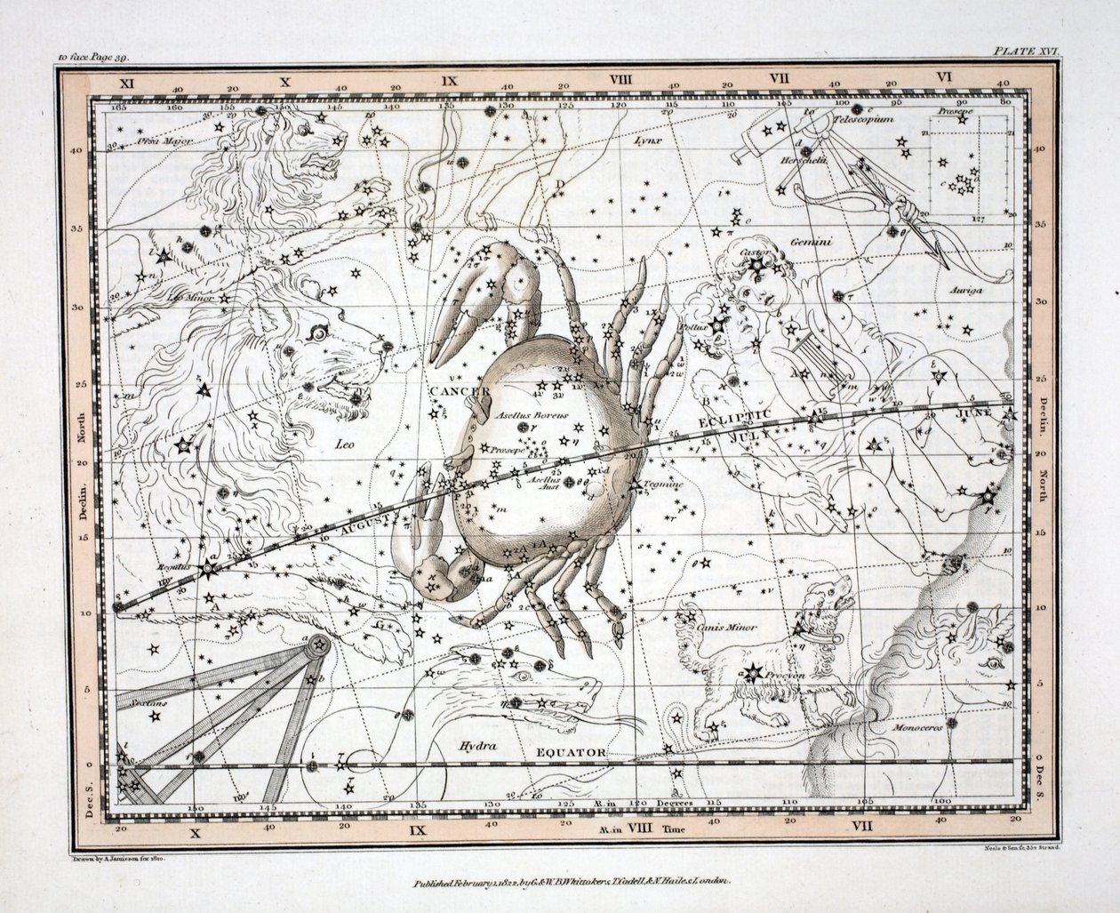 Konstelacje (tabl. XVI) Rak, z „Atlasu niebieskiego” Aleksandra Jamiesona, wyd. Londyn 1822 (ręcznie kolorowane grawerowanie) autorstwa Alexander Jamieson