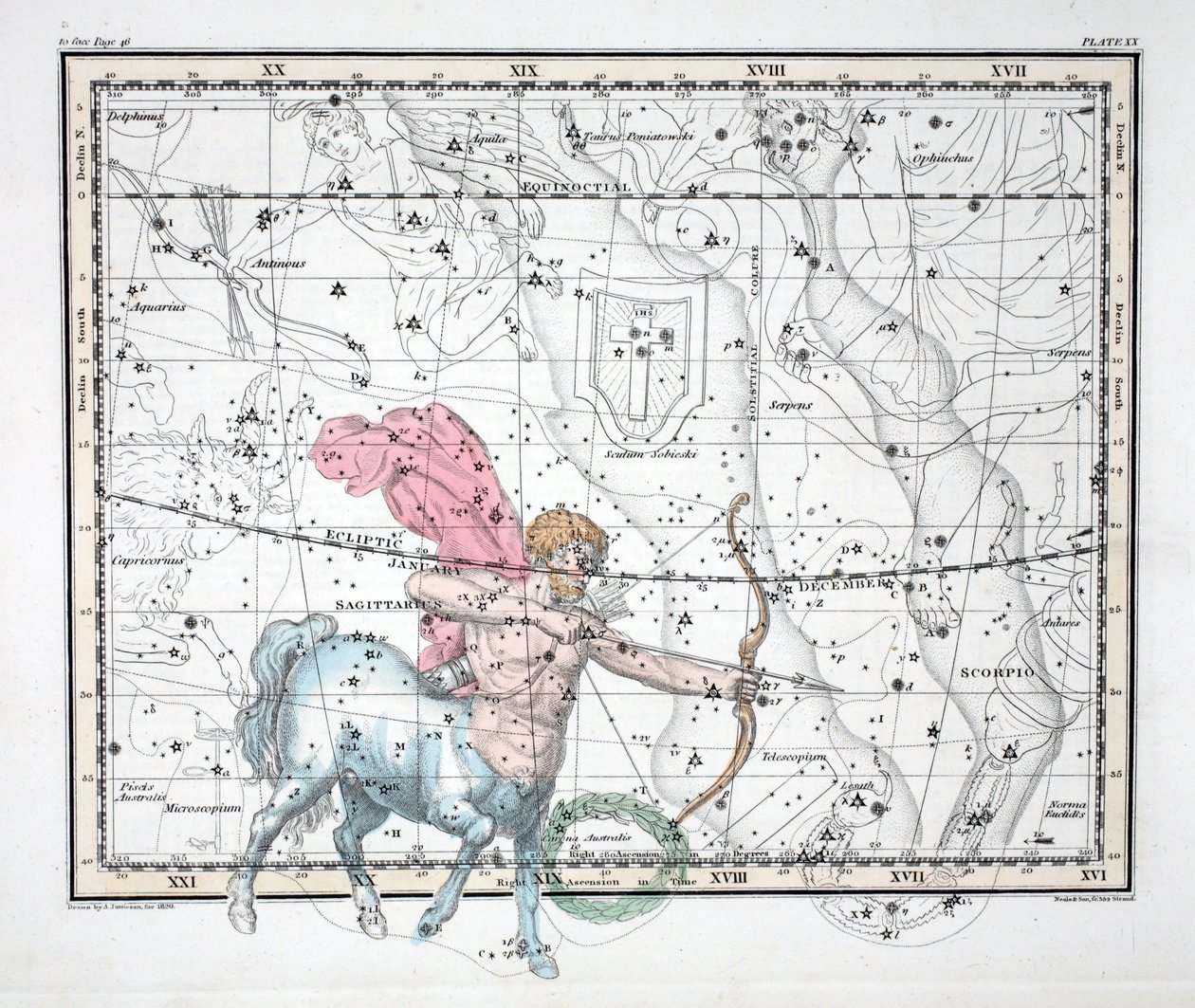 Konstelacje (tabl. XX) Strzelec, z „Atlasu niebieskiego” Aleksandra Jamiesona, wyd. Londyn 1822 (ręcznie kolorowane grawerowanie) autorstwa Alexander Jamieson