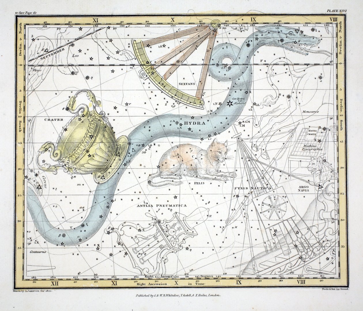 Konstelacje (tabl. XXVI) Hydra, Urania Sextana, Le Chat, La Machine Pneumatique, z „Atlasu niebieskiego” Alexandra Jamiesona, wyd. Londyn 1822 (ręcznie kolorowane grawerowanie) autorstwa Alexander Jamieson