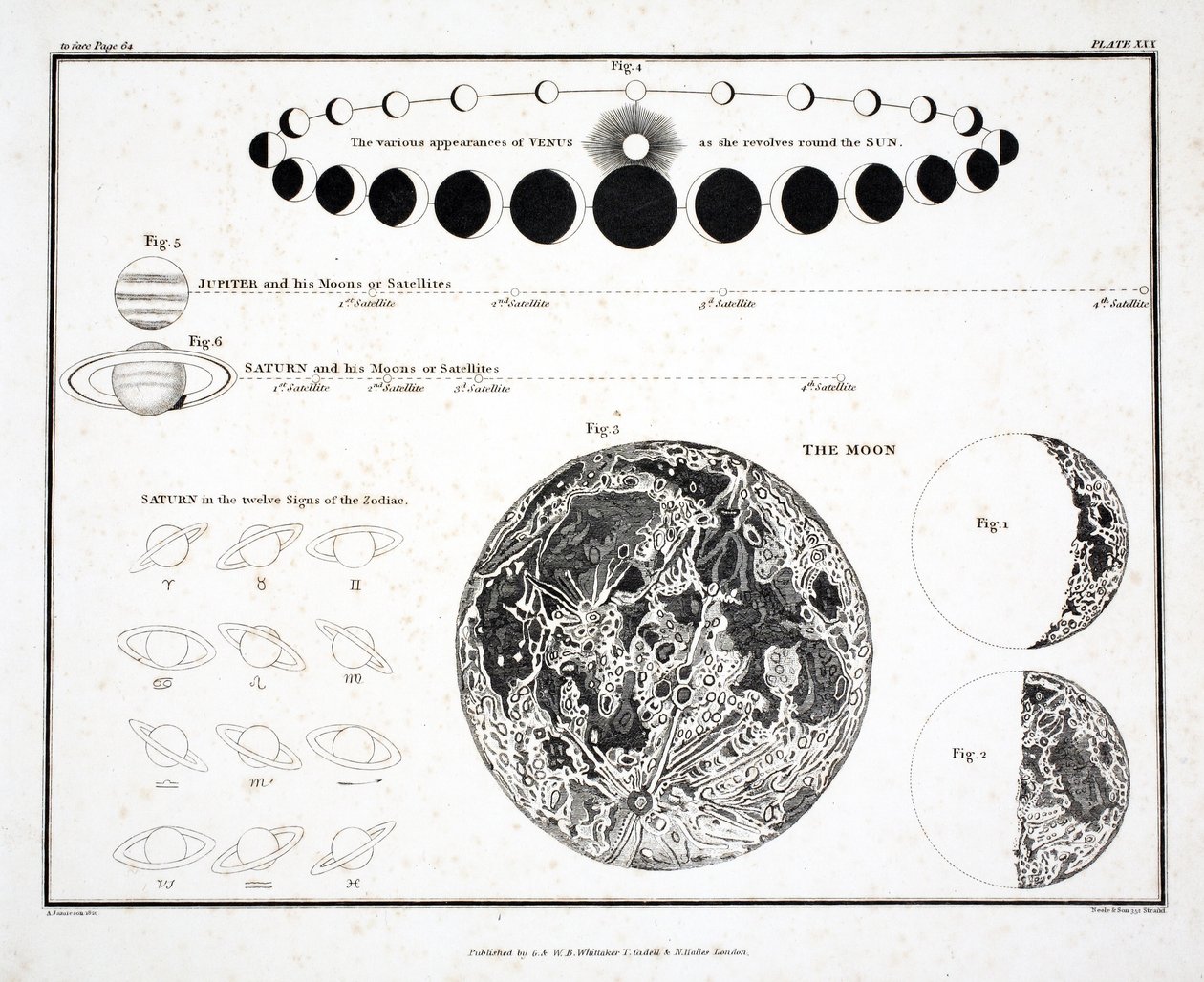 The Moon, Venus and Saturn (Plate XXX), z "A Celestial Atlas" Alexandra Jamiesona, pub. London 1822 (rycina ręcznie kolorowana) autorstwa Alexander Jamieson