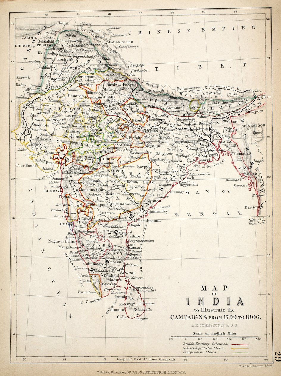 Mapa Indii, wyd. William Blackwood and Sons, Edynburg i Londyn, 1848 (rycina ręcznie kolorowana) autorstwa Alexander Keith Johnston