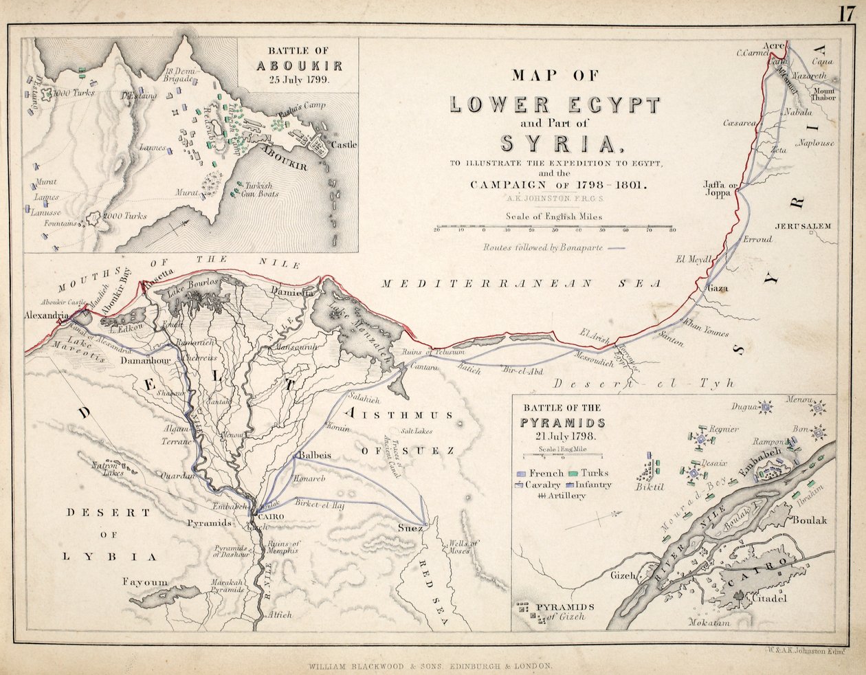 Mapa Dolnego Egiptu i części Syrii, opublikowana przez Williama Blackwooda i Synów, Edynburg i Londyn, 1848 (rycina ręcznie kolorowana) autorstwa Alexander Keith Johnston