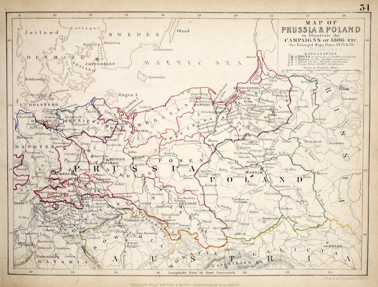 Mapa Prus i Polski, wydana przez William Blackwood and Sons, Edinburgh i Londyn, 1848 (rycina ręcznie kolorowana) autorstwa Alexander Keith Johnston