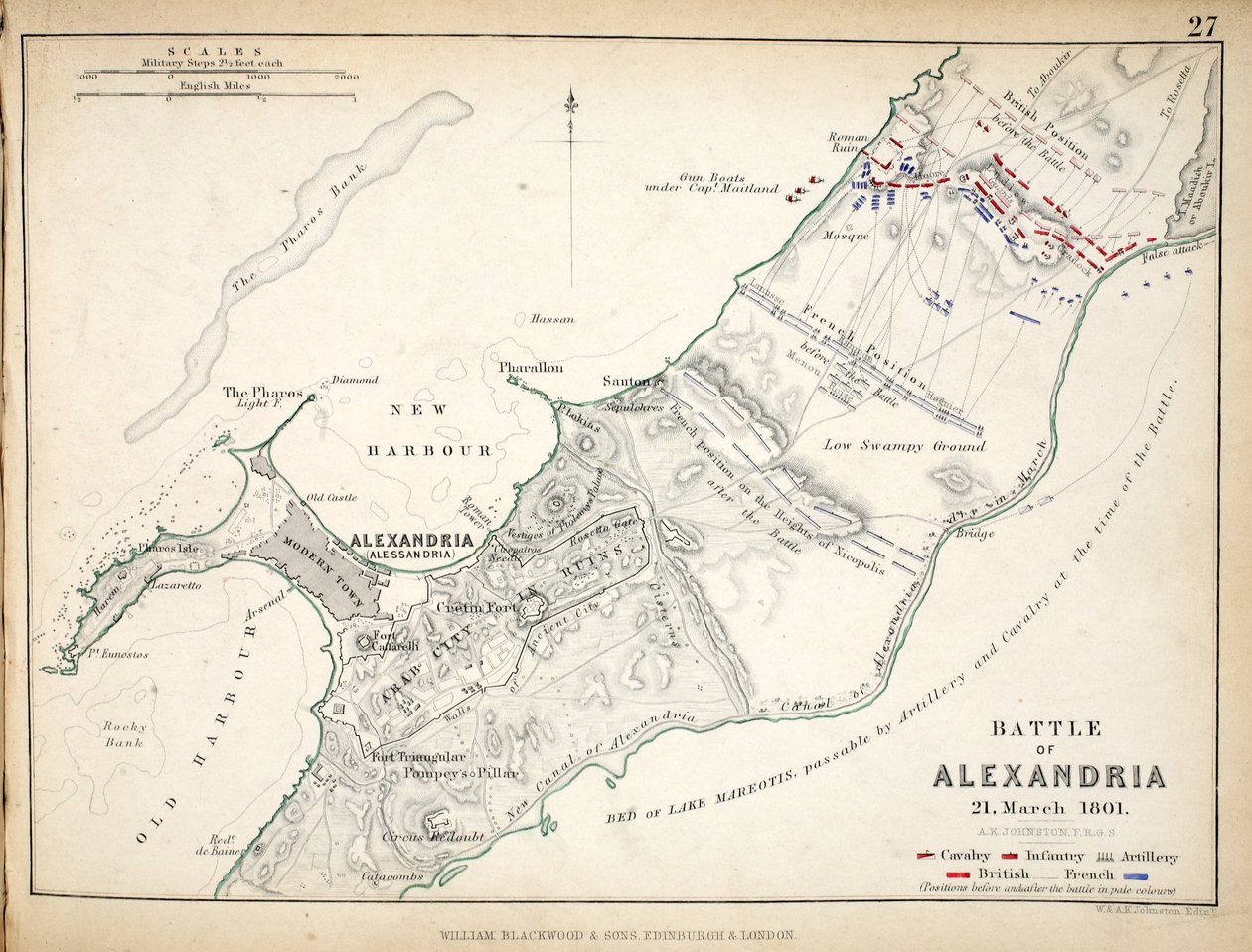 Mapa bitwy pod Aleksandrią, wydana przez Williama Blackwooda i Synów, Edynburg i Londyn, 1848 (rycina ręcznie kolorowana) autorstwa Alexander Keith Johnston