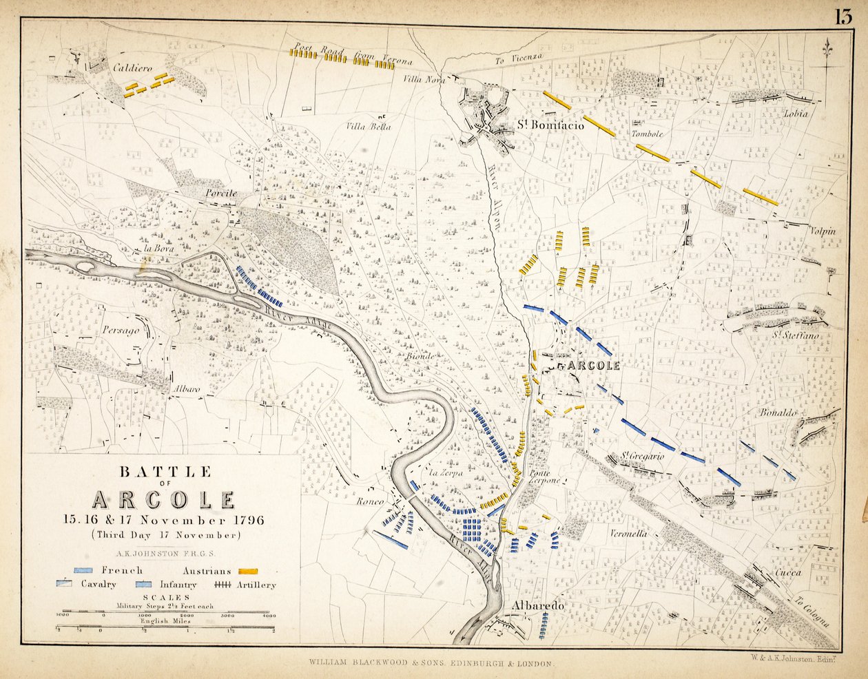Mapa bitwy pod Arcole, wydana przez William Blackwood and Sons, Edinburgh i Londyn, 1848 (rycina ręcznie kolorowana) autorstwa Alexander Keith Johnston