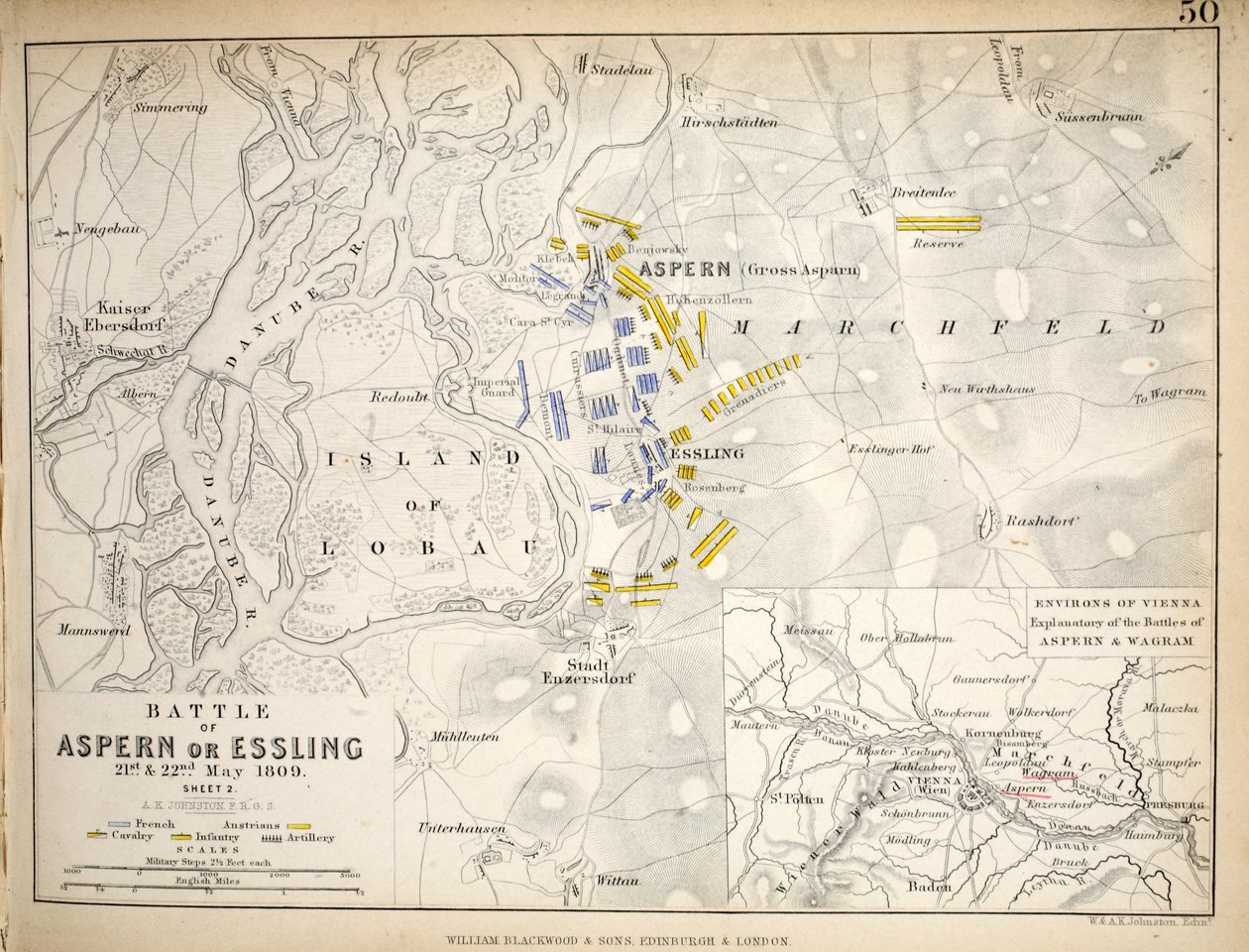 Mapa bitwy pod Aspern lub Essling, wydana przez William Blackwood and Sons, Edinburgh i Londyn, 1848 (rycina ręcznie kolorowana) autorstwa Alexander Keith Johnston