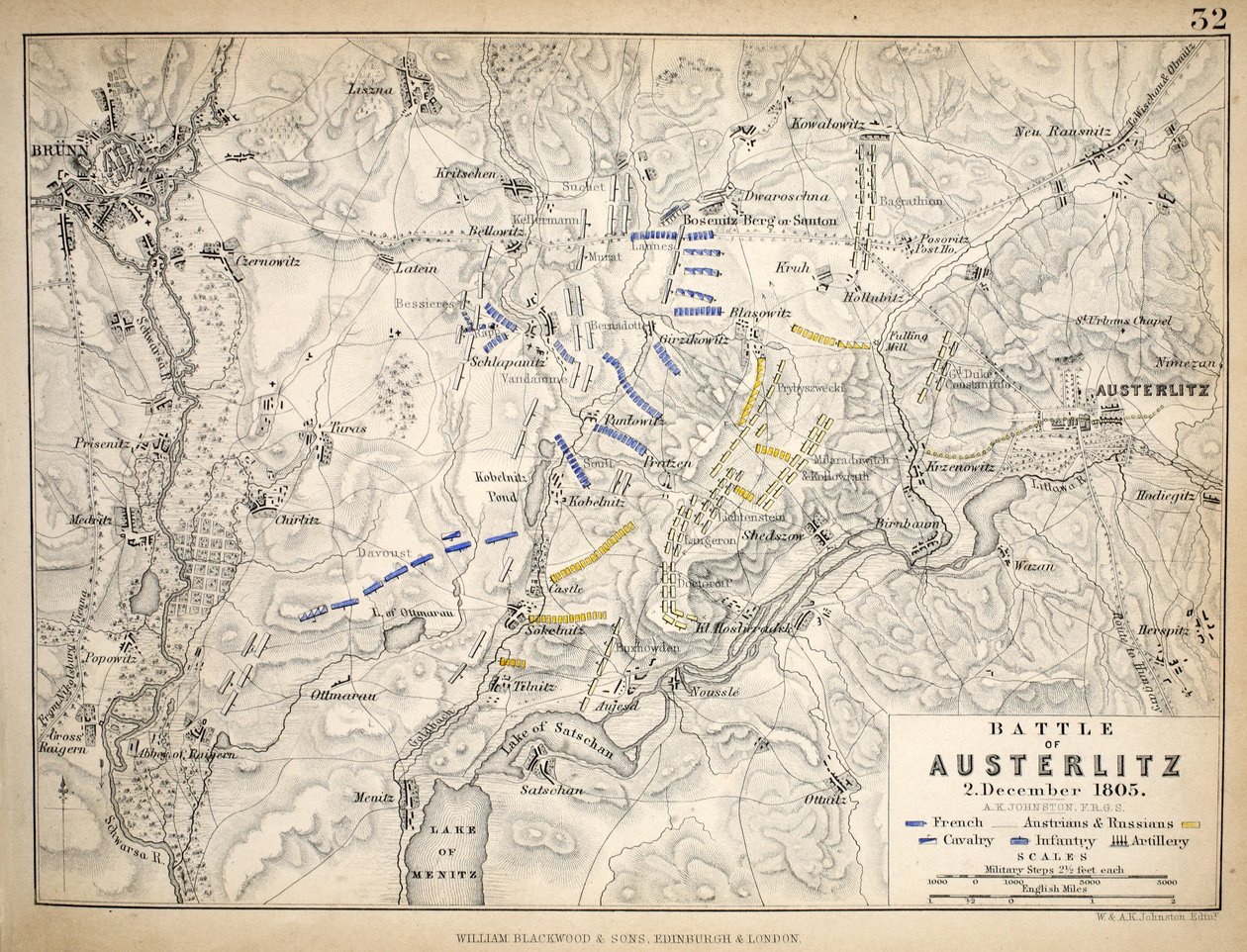 Mapa bitwy pod Austerlitz, wydana przez Williama Blackwooda i Synów, Edynburg i Londyn, 1848 (rycina ręcznie kolorowana) autorstwa Alexander Keith Johnston