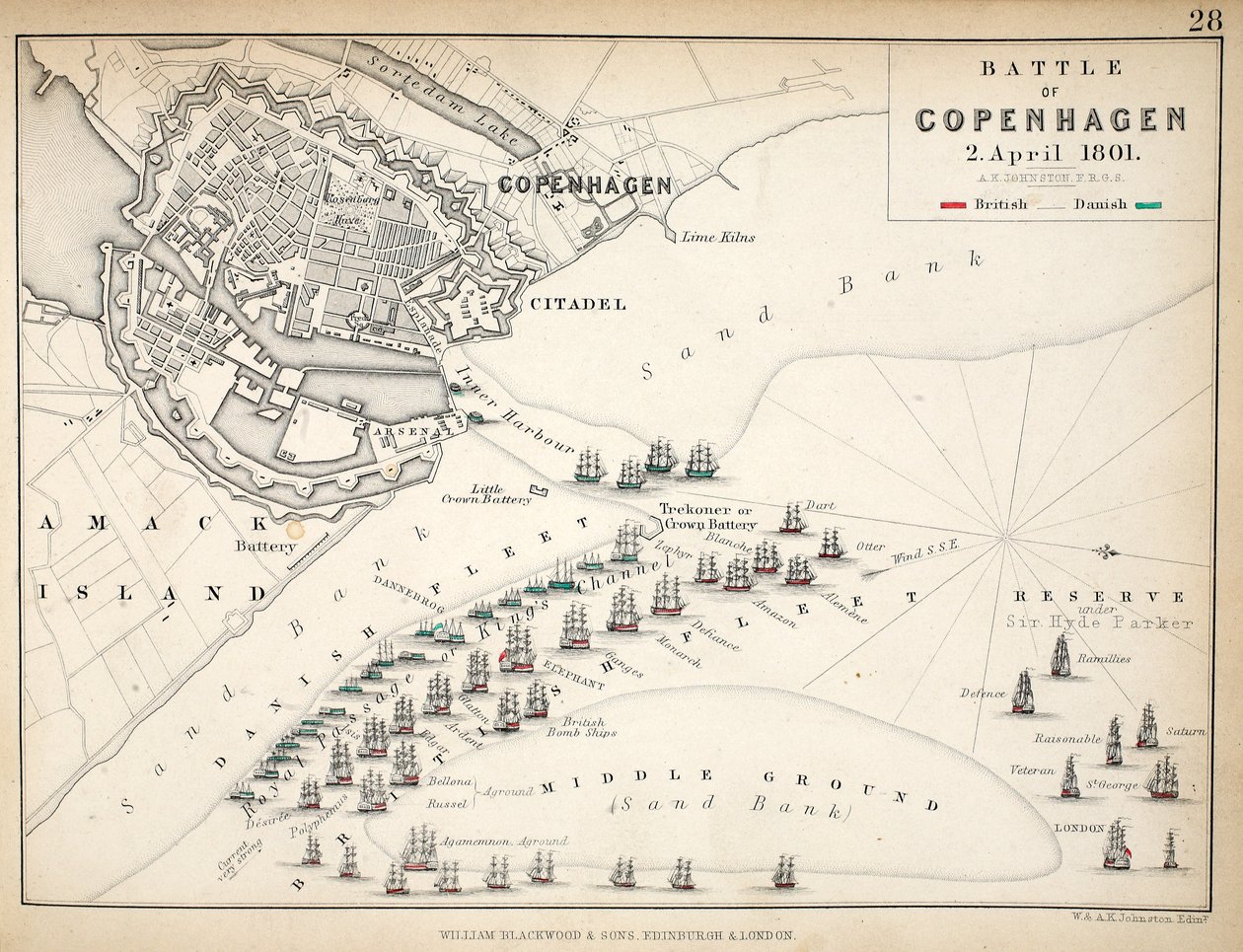 Mapa bitwy pod Kopenhagą, opublikowana przez Williama Blackwooda i Synów, Edynburg i Londyn, 1848 (rycina ręcznie kolorowana) autorstwa Alexander Keith Johnston