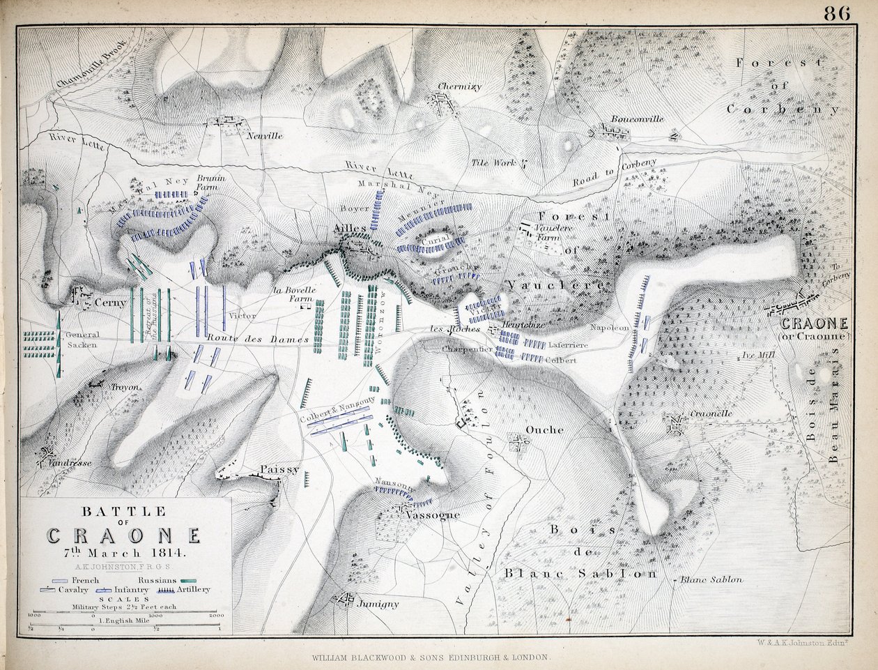 Mapa bitwy pod Craone, wydana przez Williama Blackwooda i Synów, Edynburg i Londyn, 1848 (rycina ręcznie kolorowana) autorstwa Alexander Keith Johnston