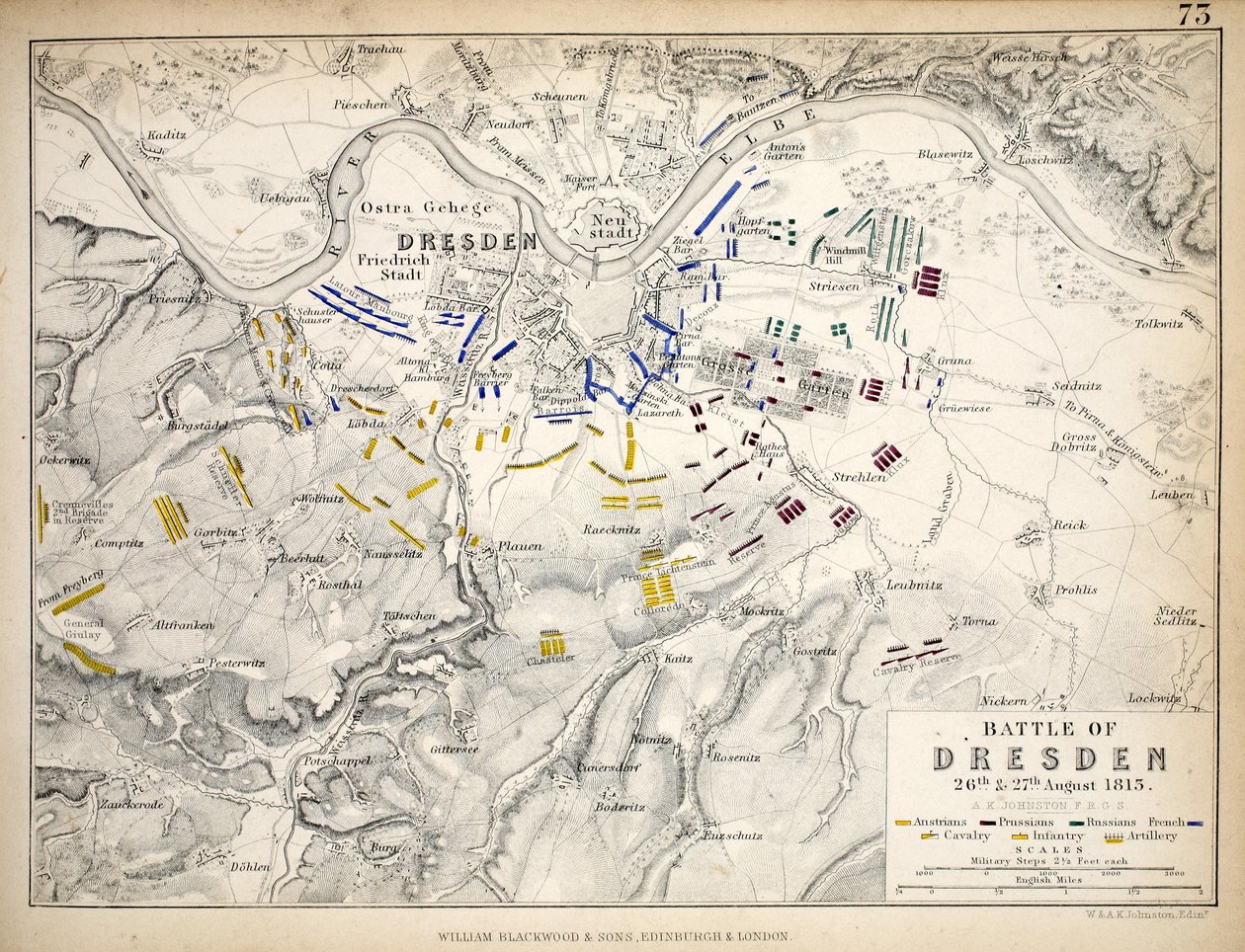 Mapa bitwy pod Dreznem, wydana przez William Blackwood and Sons, Edinburgh i Londyn, 1848 (rycina ręcznie kolorowana) autorstwa Alexander Keith Johnston