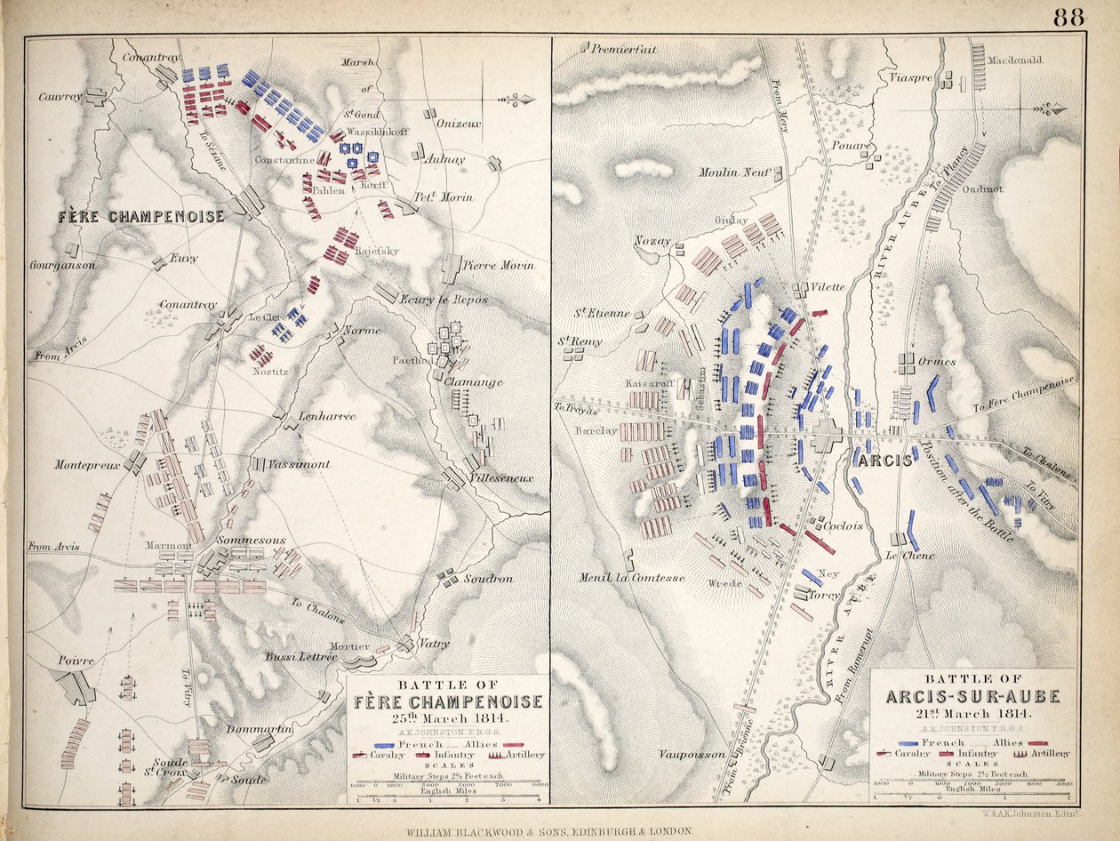 Mapa bitwy pod Fere Champenoise i bitwy pod Arcis-Sur-Aube, wydana przez William Blackwood and Sons, Edinburgh i Londyn, 1848 (rycina ręcznie kolorowana) autorstwa Alexander Keith Johnston