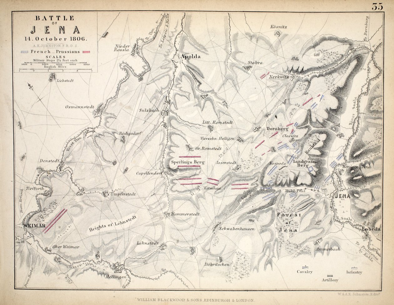 Mapa bitwy pod Jeną, wydana przez William Blackwood and Sons, Edinburgh i Londyn, 1848 (rycina ręcznie kolorowana) autorstwa Alexander Keith Johnston