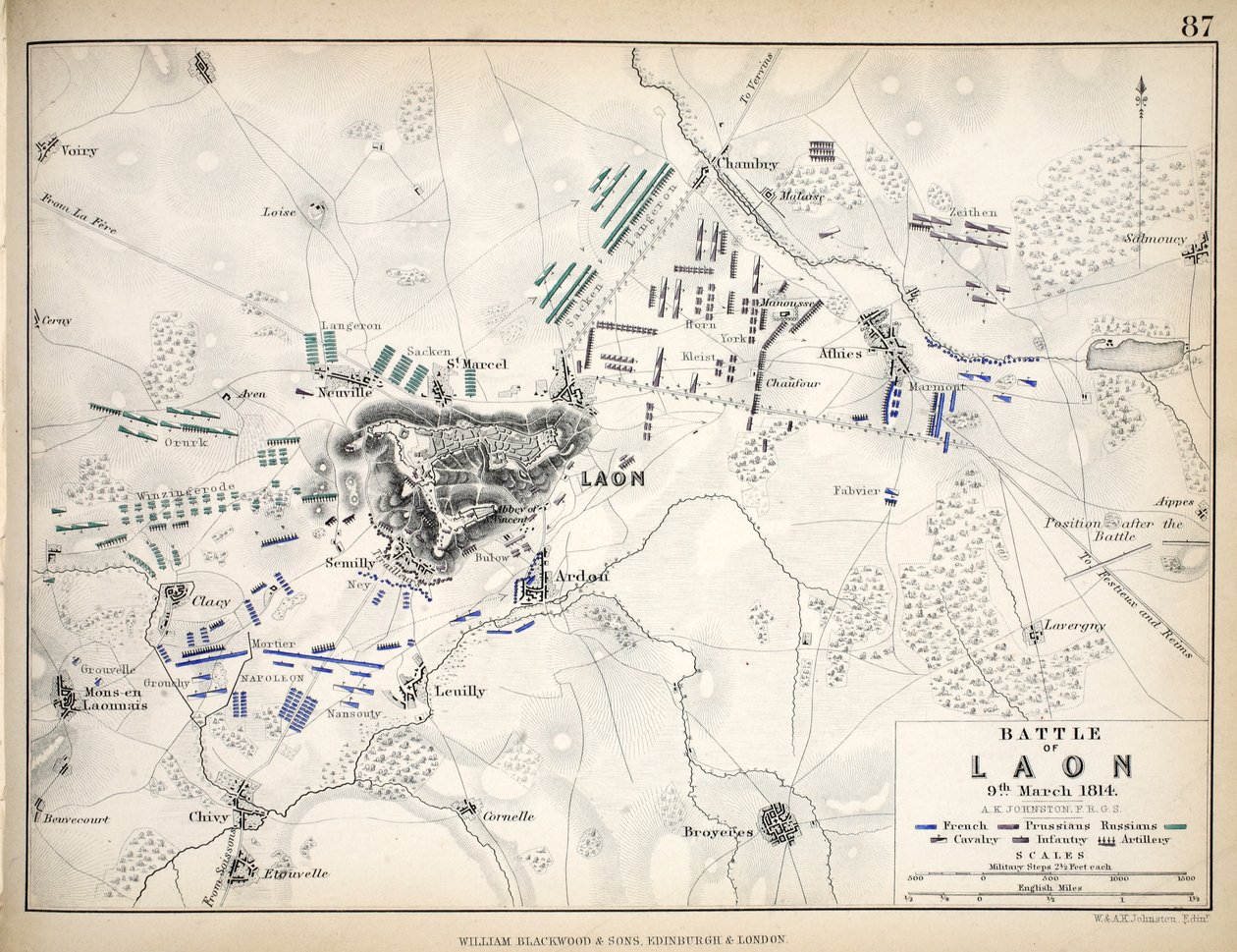 Mapa bitwy pod Laon, wydana przez William Blackwood and Sons, Edinburgh i Londyn, 1848 (rycina ręcznie kolorowana) autorstwa Alexander Keith Johnston