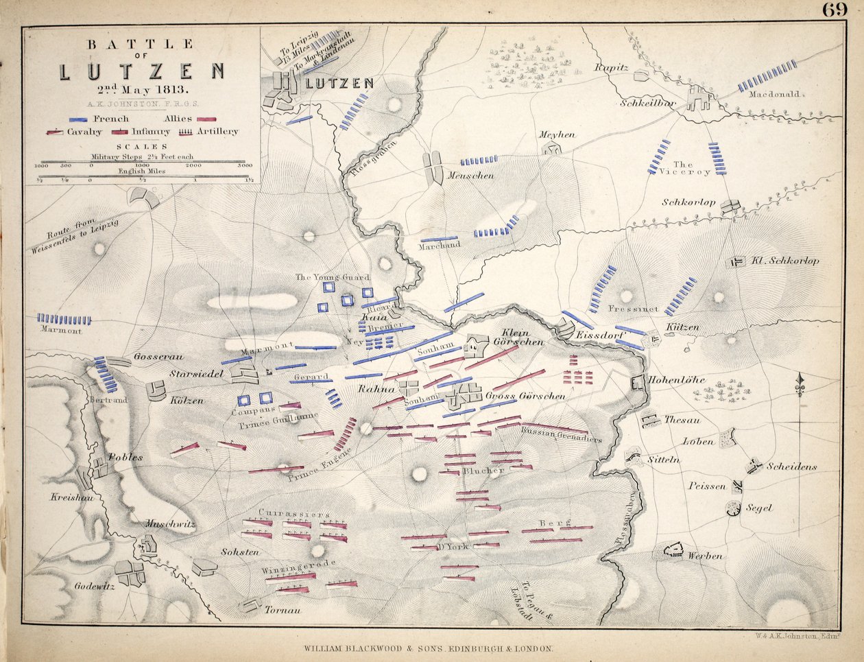 Mapa bitwy pod Lutzen, opublikowana przez Williama Blackwooda i Synów, Edynburg i Londyn, 1848 (rycina ręcznie kolorowana) autorstwa Alexander Keith Johnston