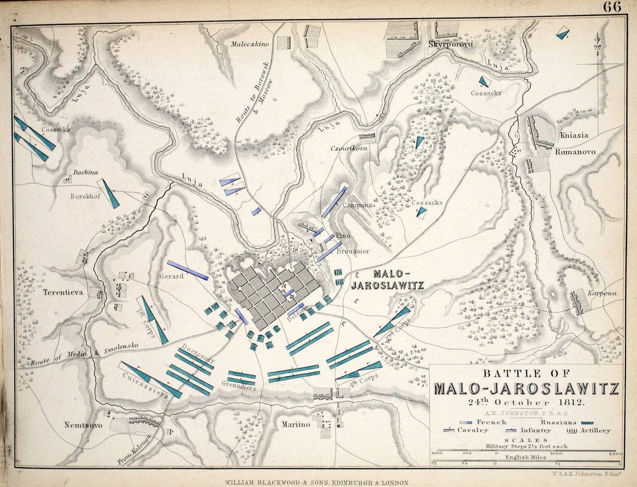 Mapa bitwy pod Malo-Jaroslawitz, wyd. William Blackwood and Sons, Edynburg i Londyn, 1848 r. (rycina ręcznie kolorowana) autorstwa Alexander Keith Johnston