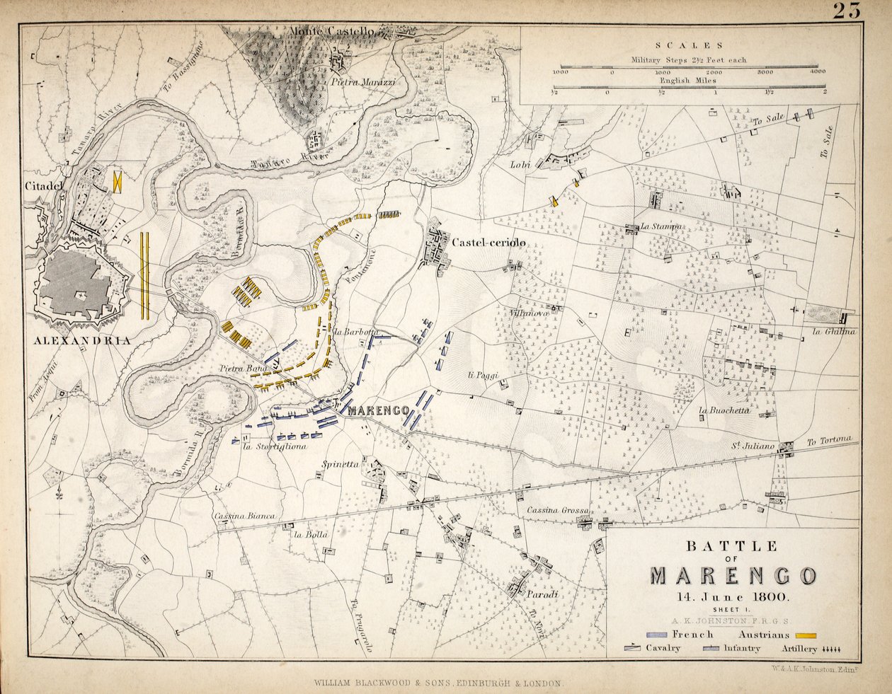 Mapa bitwy pod Marengo, opublikowana przez Williama Blackwooda i Synów, Edynburg i Londyn, 1848 (rycina ręcznie kolorowana) autorstwa Alexander Keith Johnston