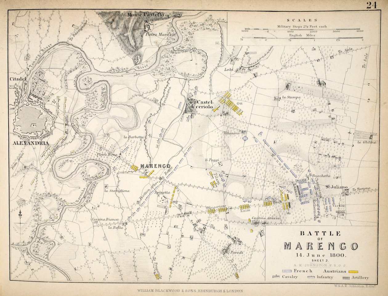 Mapa bitwy pod Marengo, wydana przez William Blackwood and Sons, Edinburgh i Londyn, 1848 (rycina ręcznie kolorowana) autorstwa Alexander Keith Johnston