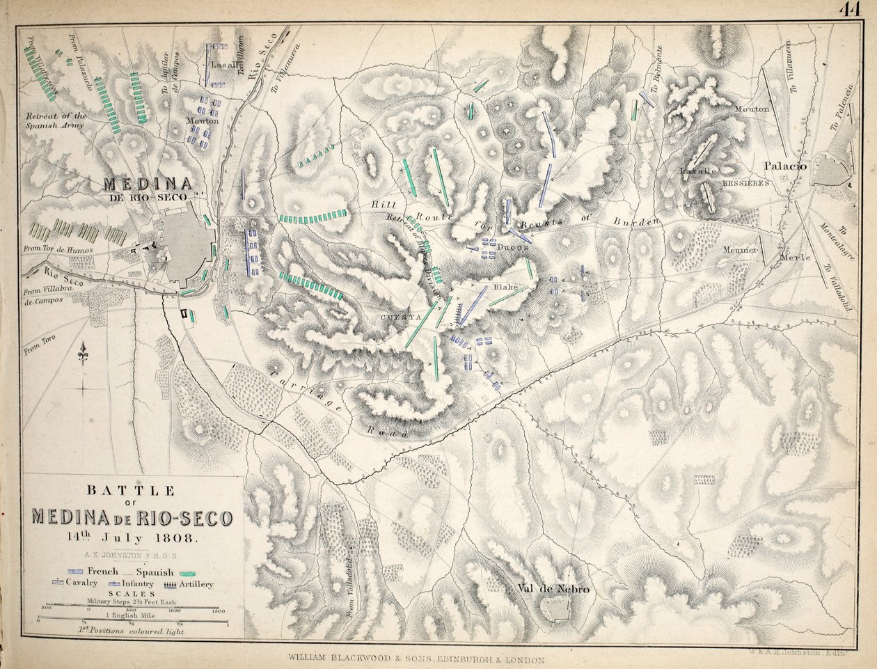 Mapa bitwy pod Mediną de Rio-Seco, opublikowana przez William Blackwood and Sons, Edynburg i Londyn, 1848 (rycina ręcznie kolorowana) autorstwa Alexander Keith Johnston